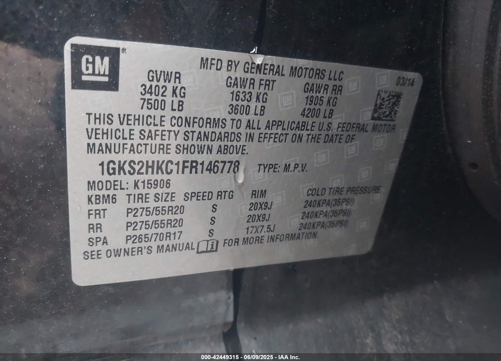 2015 GMC YUKON XL 1500 SLT VIN: 1GKS2HKC1FR146778