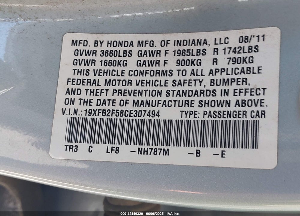 2012 HONDA CIVIC LX VIN: 19XFB2F58CE307494