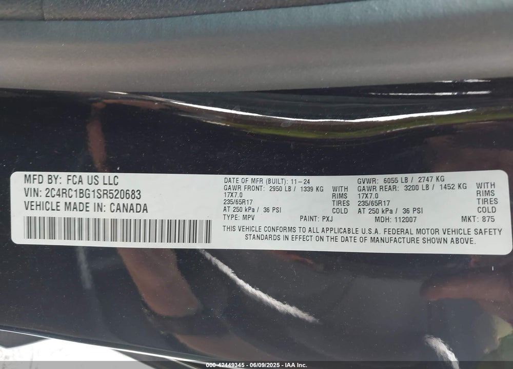 2025 CHRYSLER PACIFICA SELECT VIN: 2C4RC1BG1SR520683
