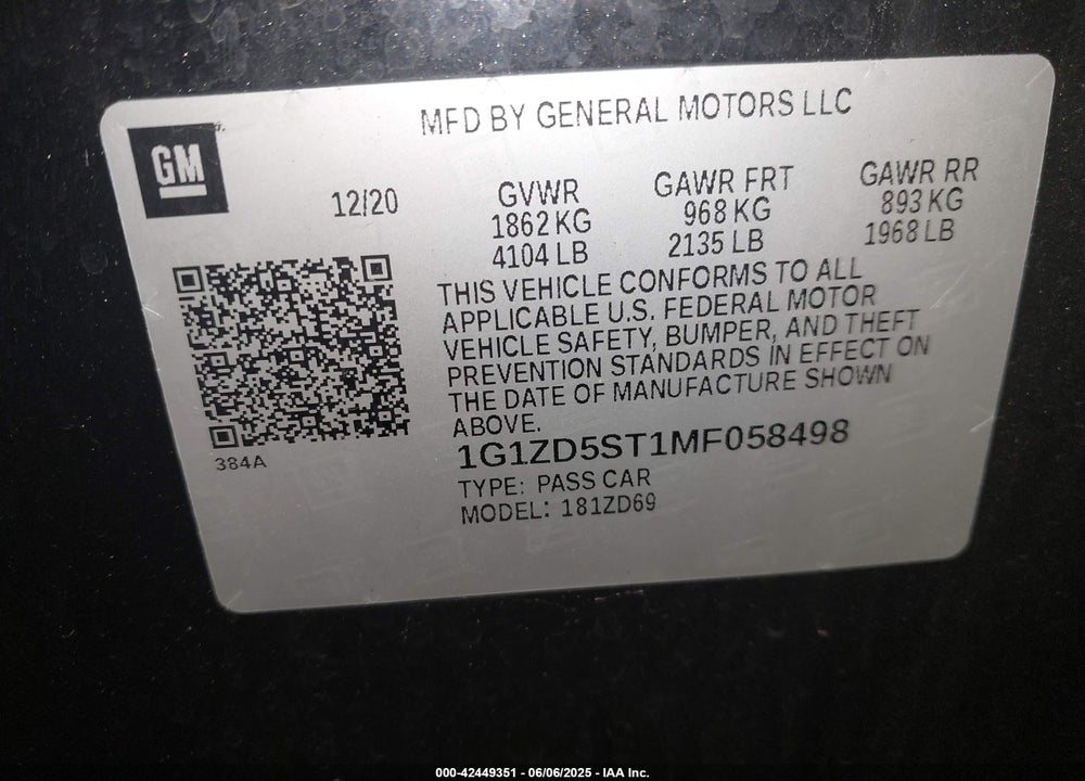 2021 CHEVROLET MALIBU FWD LT VIN: 1G1ZD5ST1MF058498