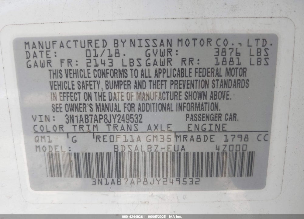 2018 NISSAN SENTRA VIN: 3N1AB7AP8JY249532