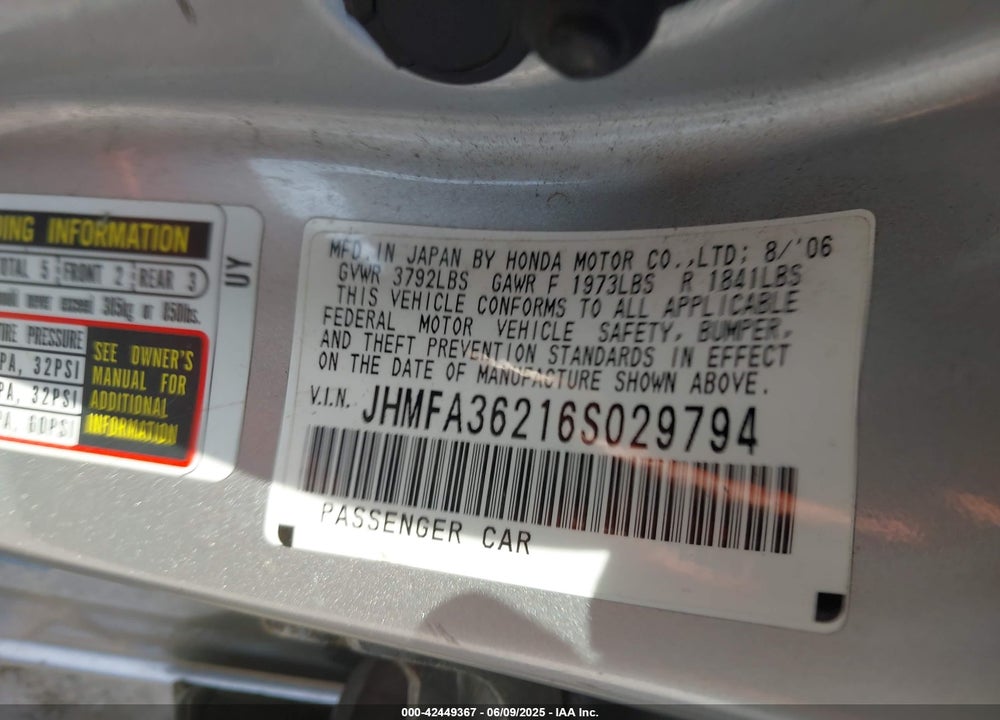 2006 HONDA CIVIC HYBRID VIN: JHMFA36216S029794