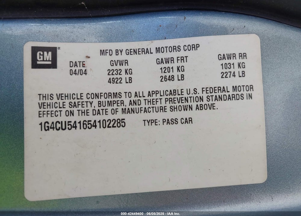 2005 BUICK PARK AVENUE ULTRA VIN: 1G4CU541654102285