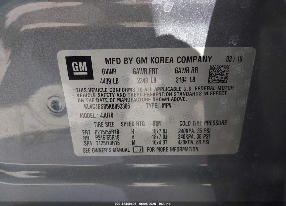 2019 BUICK ENCORE VIN: KL4CJESB5KB893306