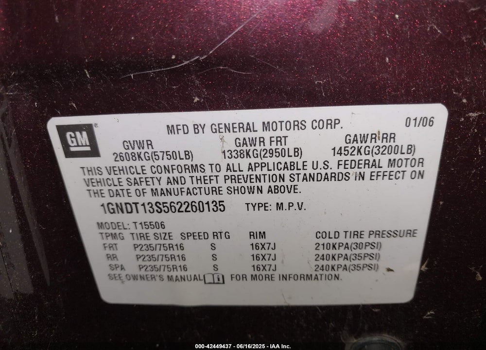 2006 CHEVROLET TRAILBLAZER LS VIN: 1GNDT13S562260135