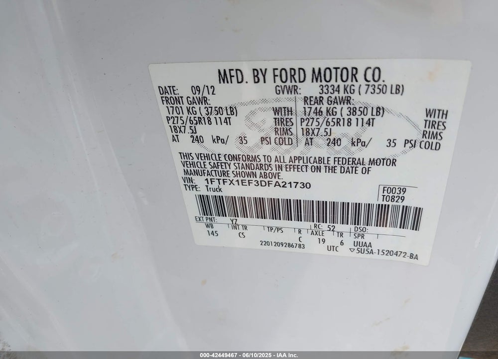 2013 FORD F-150 STX VIN: 1FTFX1EF3DFA21730