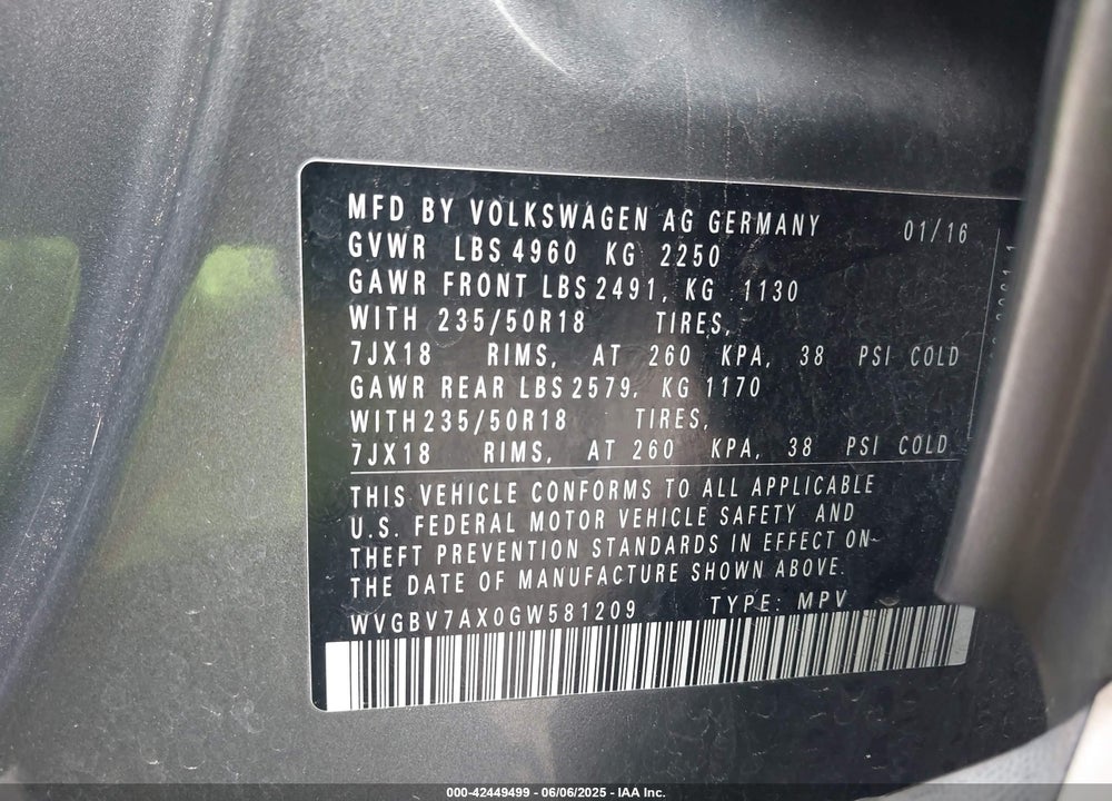 2016 VOLKSWAGEN TIGUAN VIN: WVGBV7AX0GW581209