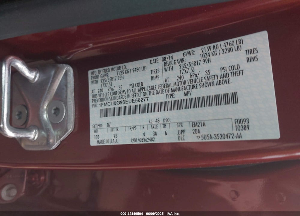 2014 FORD ESCAPE VIN: 1FMCU0G96EUE56277