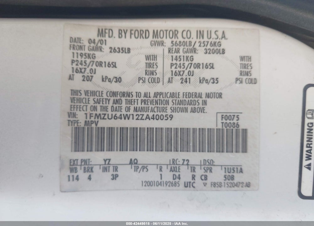 2002 FORD EXPLORER EDDIE BAUER VIN: 1FMZU64W12ZA40059