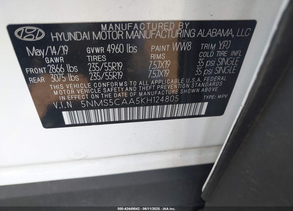 2019 HYUNDAI SANTA FE VIN: 5NMS5CAA5KH124805