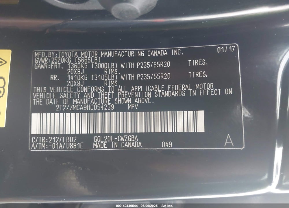 2017 LEXUS RX 350 VIN: 2T2ZZMCA9HC054239