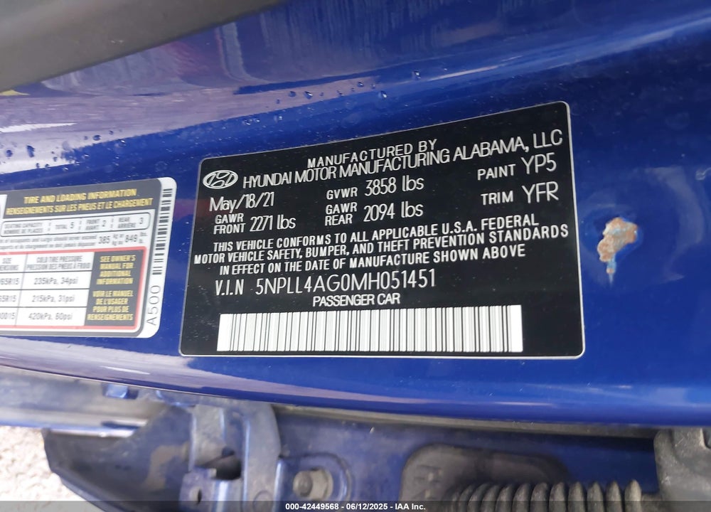 2021 HYUNDAI ELANTRA VIN: 5NPLL4AG0MH051451