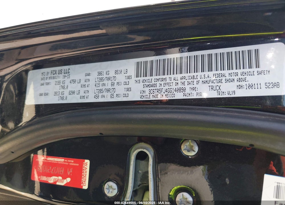 2016 RAM 2500 LAIE POWER WAGON VIN: 3C6TR5FJ4GG140890