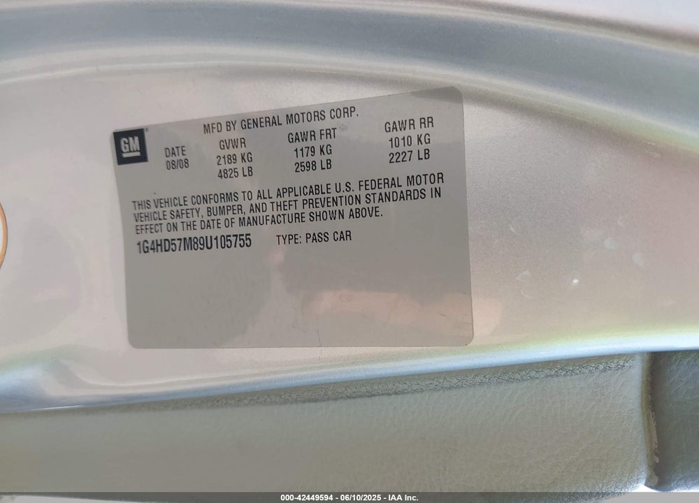 2009 BUICK LUCERNE VIN: 1G4HD57M89U105755