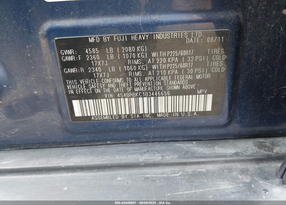 2011 SUBARU OUTBACK 2.5I LIMITED VIN: 4S4BRBKC1B3446656