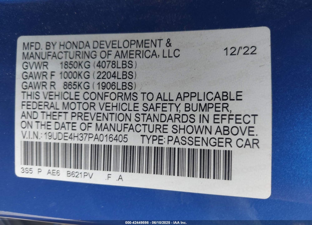 2023 ACURA INTEGRA VIN: 19UDE4H37PA016405