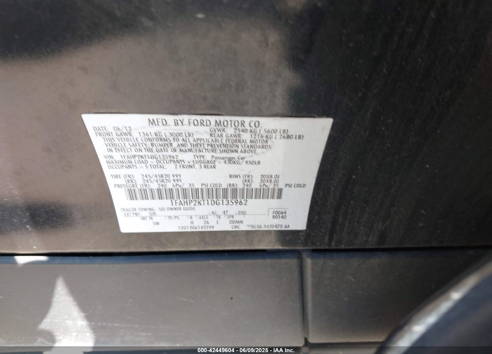 2013 FORD TAURUS VIN: 1FAHP2KT1DG135962