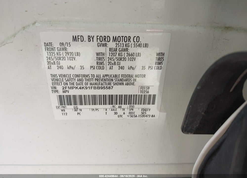 2015 FORD EDGE VIN: 2FMPK4K91FBB95587