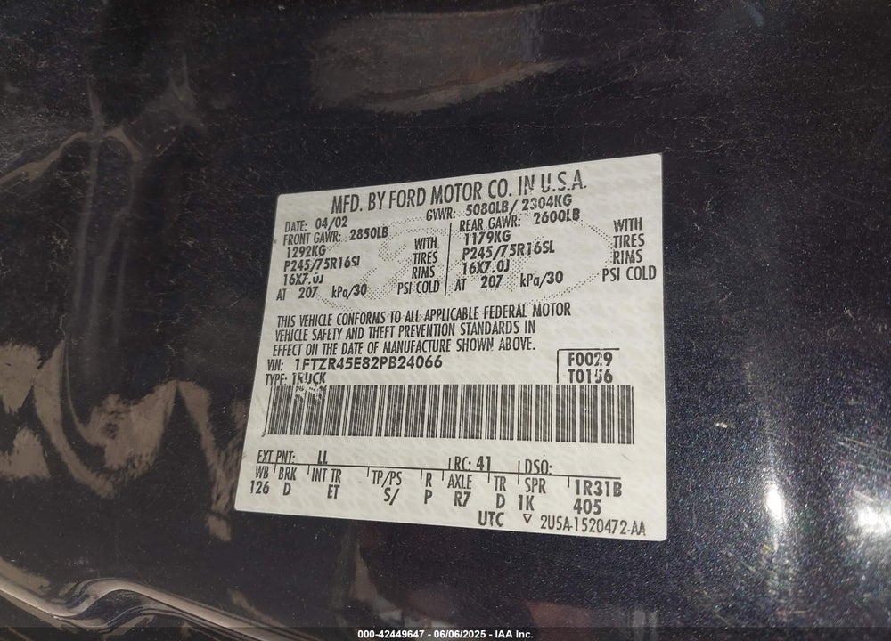 2002 FORD RANGER EDGE/XLT VIN: 1FTZR45E82PB24066