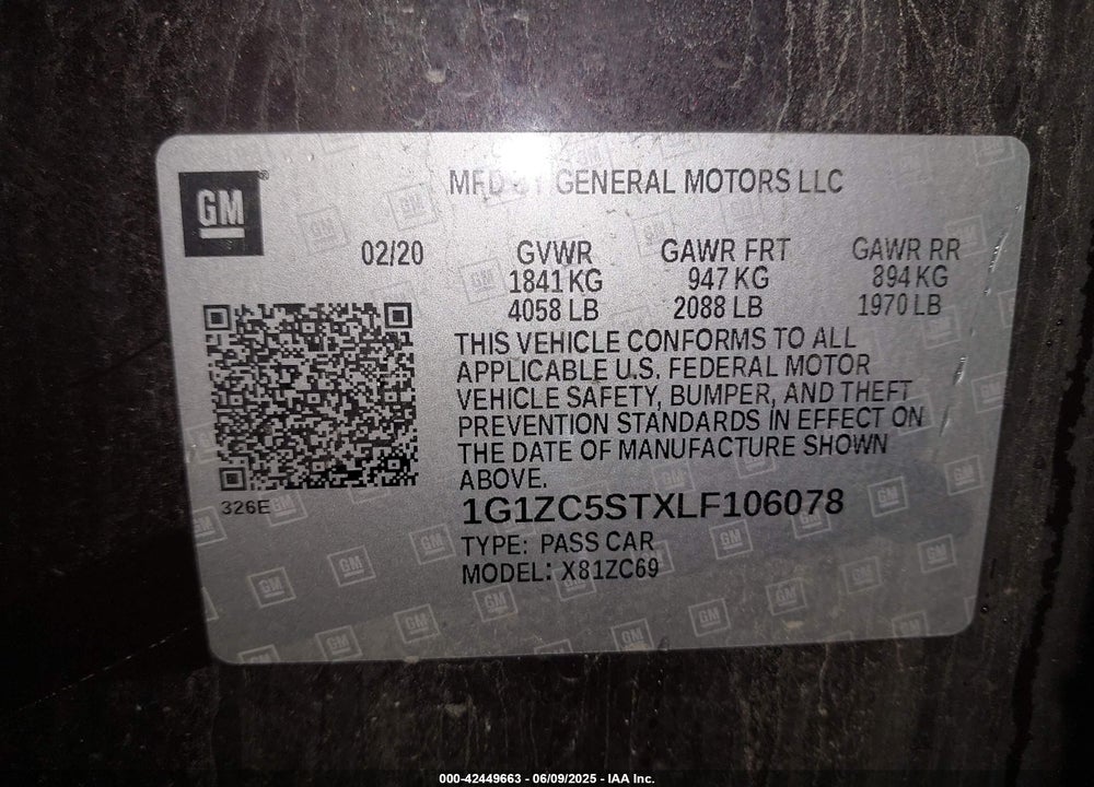 2020 CHEVROLET MALIBU VIN: 1G1ZC5STXLF106078