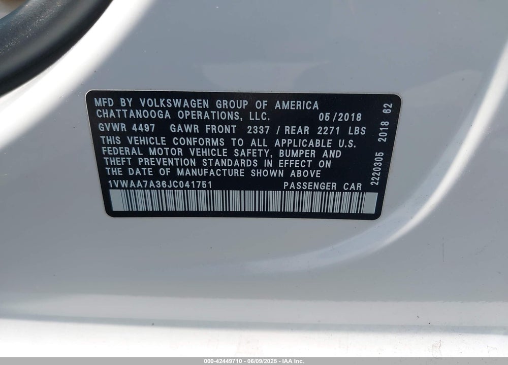 2018 VOLKSWAGEN PASSAT VIN: 1VWAA7A36JC041751