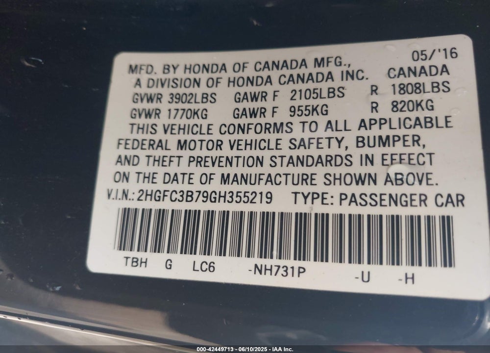 2016 HONDA CIVIC VIN: 2HGFC3B79GH355219