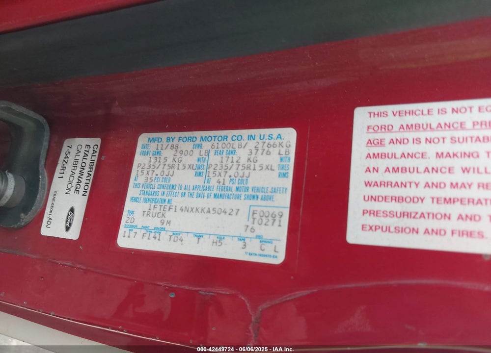 1989 FORD F150 VIN: 1FTEF14NXKKA50427