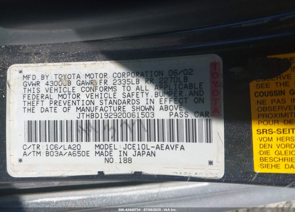 2002 LEXUS IS 300 VIN: JTHBD192920061503