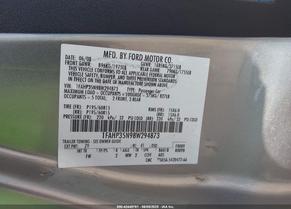 2008 FORD FOCUS VIN: 1FAHP35N98W294873