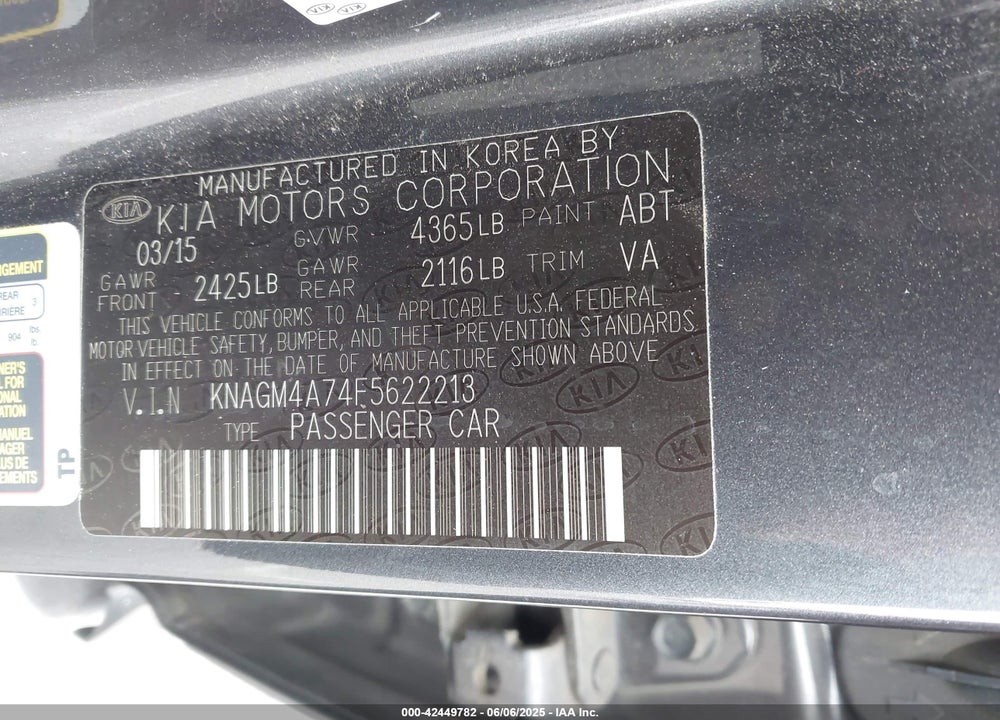 2015 KIA OPTIMA VIN: KNAGM4A74F5622213