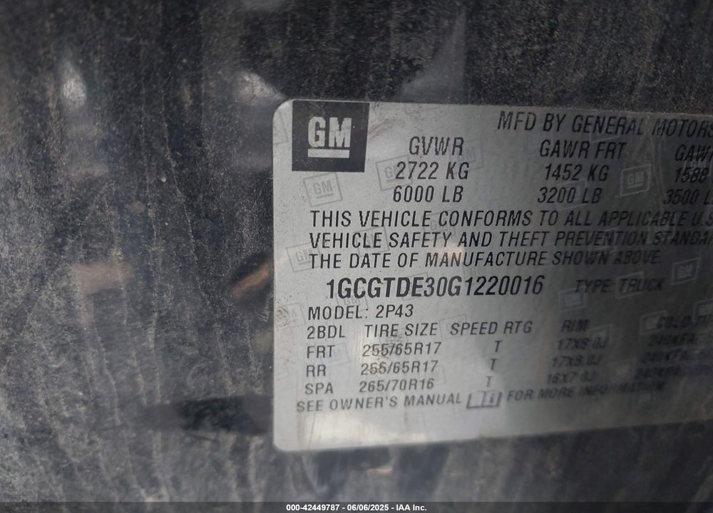 2016 CHEVROLET COLORADO VIN: 1GCGTDE30G1220016