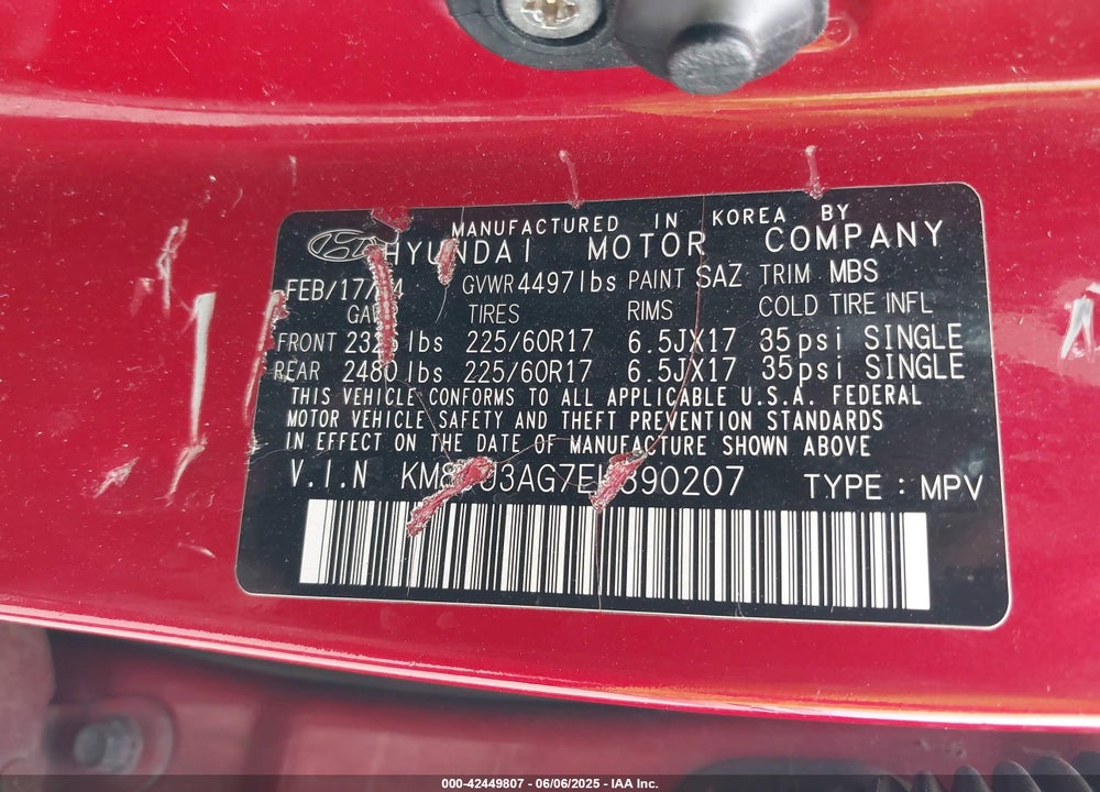 2014 HYUNDAI TUCSON VIN: KM8JU3AG7EU890207