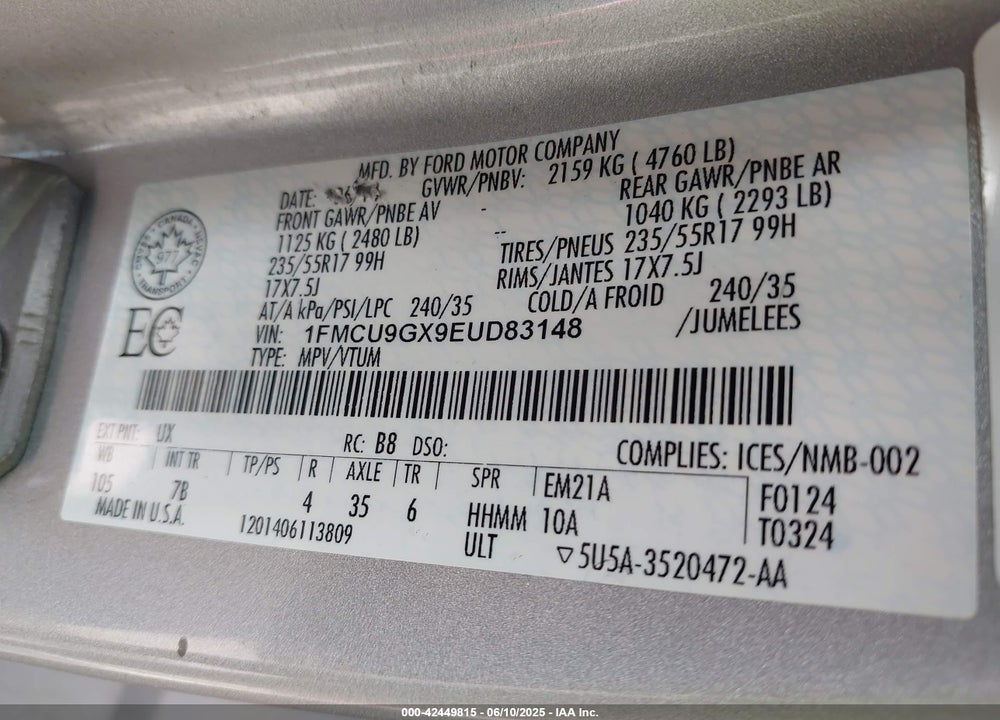 2014 FORD ESCAPE VIN: 1FMCU9GX9EUD83148