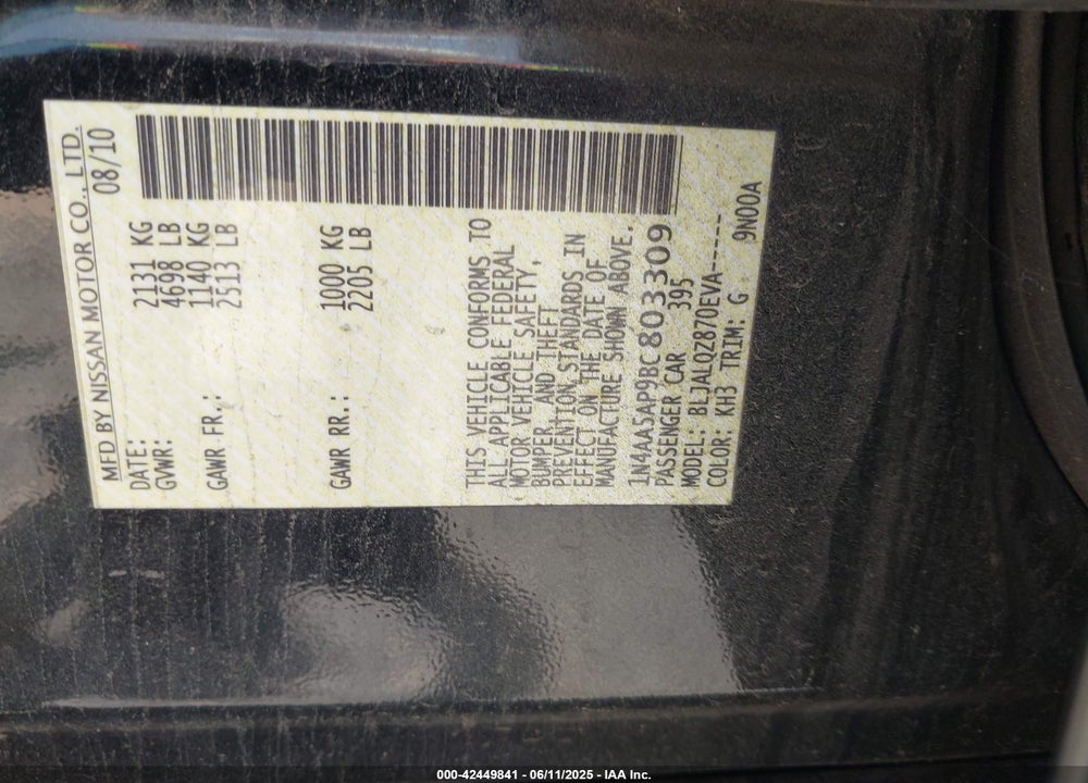 2011 NISSAN MAXIMA 3.5 S VIN: 1N4AA5AP9BC803309