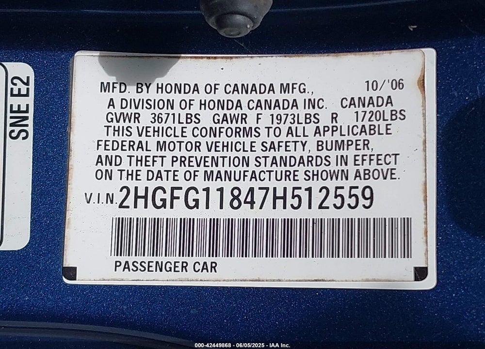 2007 HONDA CIVIC EX VIN: 2HGFG11847H512559