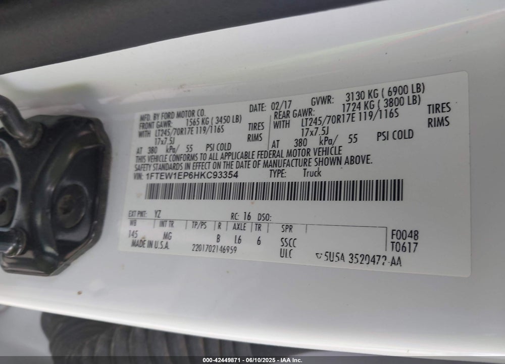 2017 FORD F-150 VIN: 1FTEW1EP6HKC93354