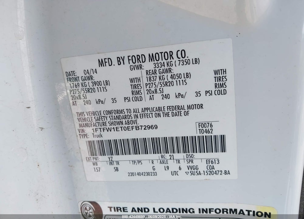 2014 FORD F-150 FX4 VIN: 1FTFW1ET0EFB72969