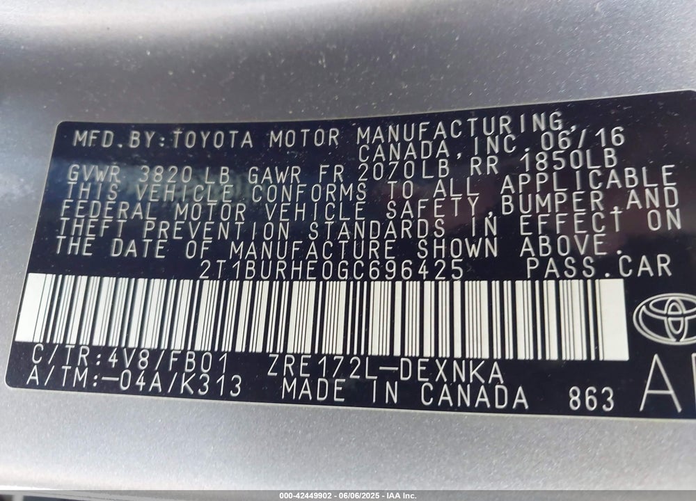 2016 TOYOTA COROLLA VIN: 2T1BURHE0GC696425