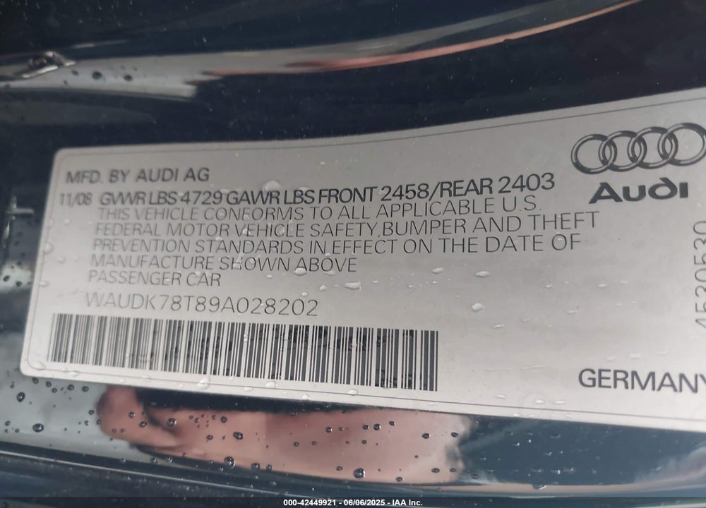 2009 AUDI A5 3.2L (A6) VIN: WAUDK78T89A028202