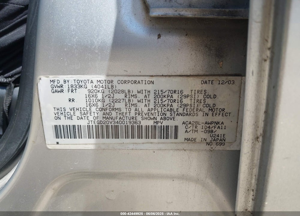 2004 TOYOTA RAV4 VIN: JTEGD20V340019363
