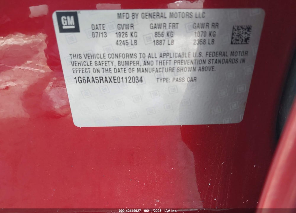 2014 CADILLAC ATS STANDARD VIN: 1G6AA5RAXE0112034