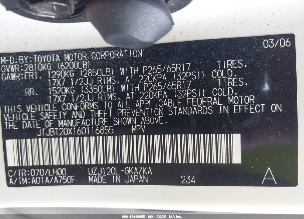 2006 LEXUS GX 470 VIN: JTJBT20X160116855
