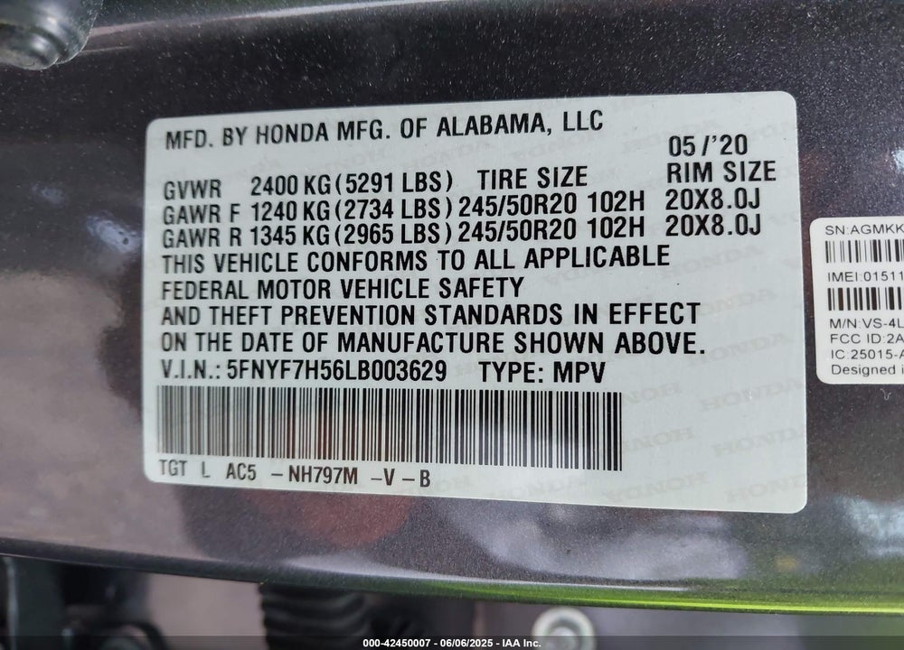 2020 HONDA PASSPORT VIN: 5FNYF7H56LB003629