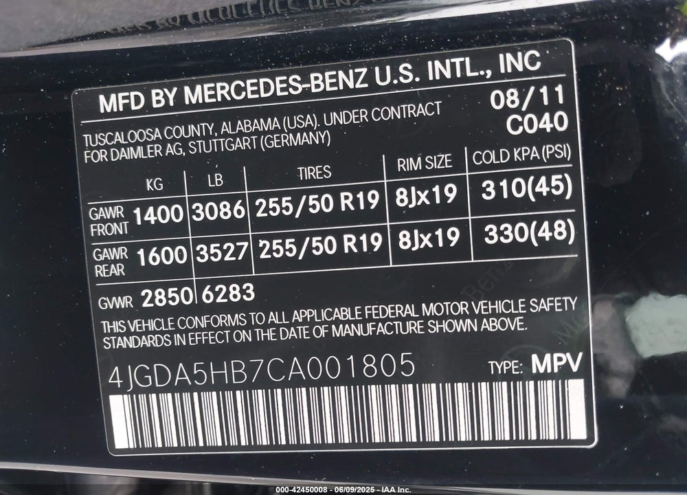2012 MERCEDES-BENZ M-CLASS VIN: 4JGDA5HB7CA001805