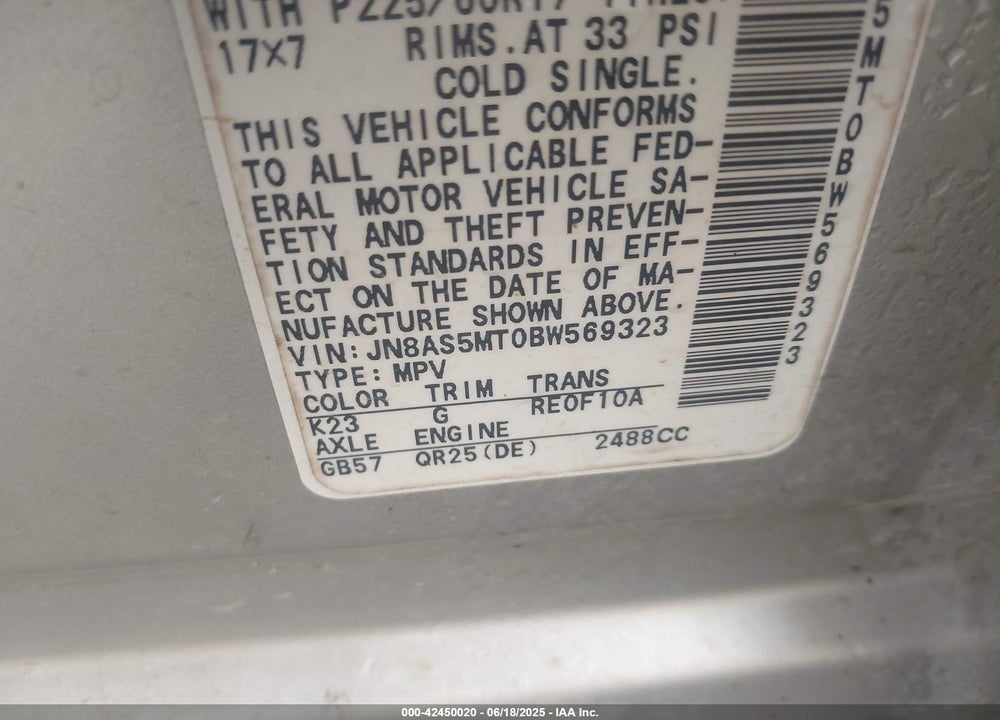 2011 NISSAN ROGUE VIN: JN8AS5MT0BW569323
