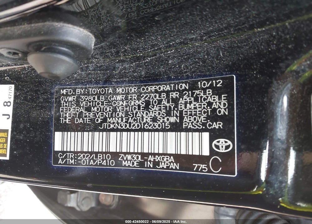 2013 TOYOTA PRIUS FIVE/FOUR/THREE/THREE SE/TWO VIN: JTDKN3DU2D1623015