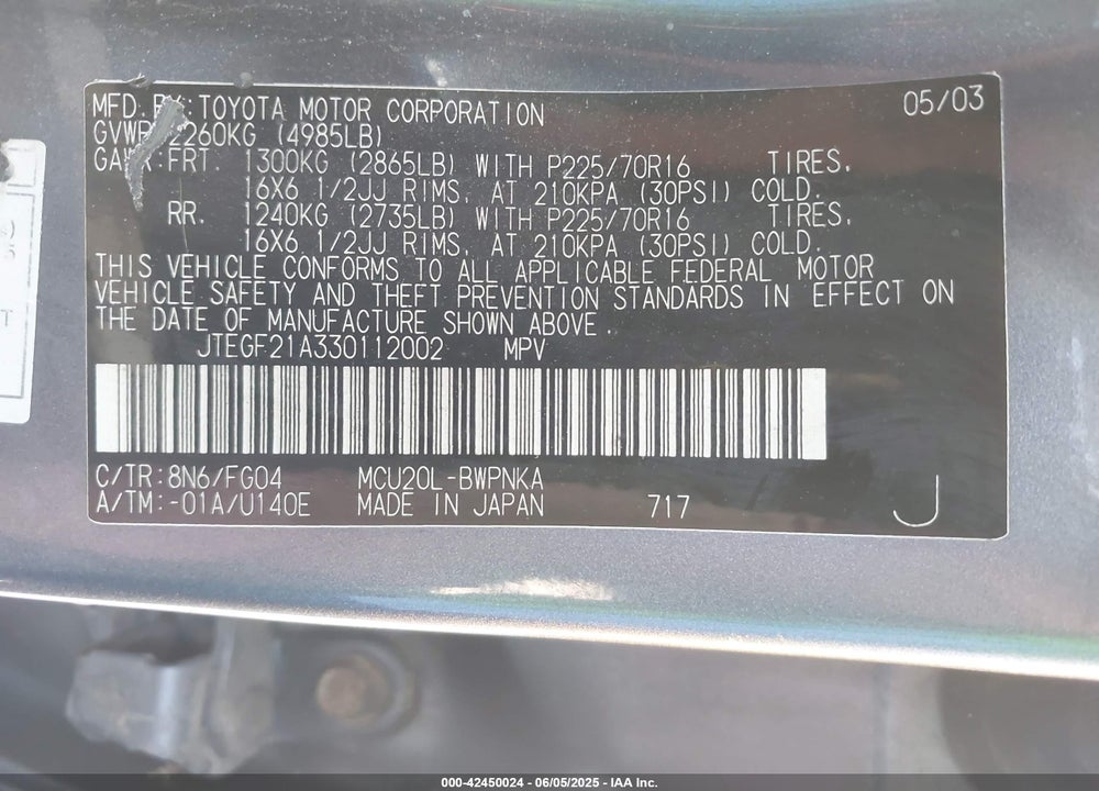 2003 TOYOTA HIGHLANDER V6 VIN: JTEGF21A330112002