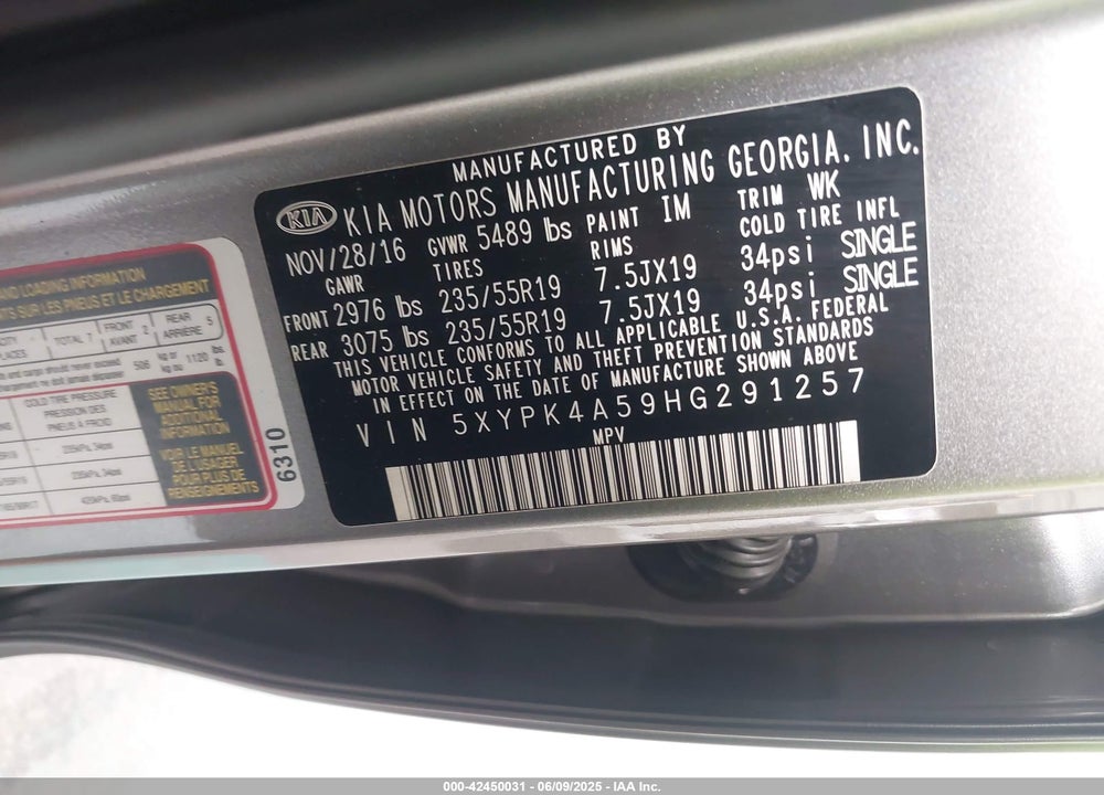 2017 KIA SORENTO 3.3L SXL VIN: 5XYPK4A59HG291257