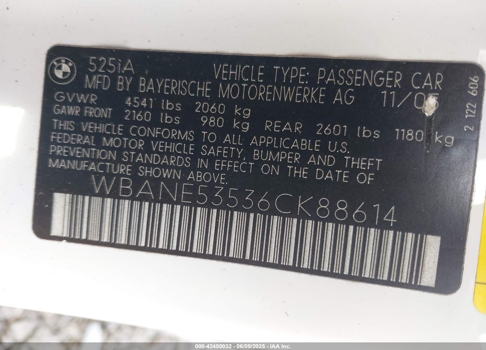 2006 BMW 525I VIN: WBANE53536CK88614
