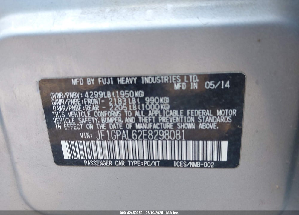 2014 SUBARU IMPREZA VIN: JF1GPAL62E8298081